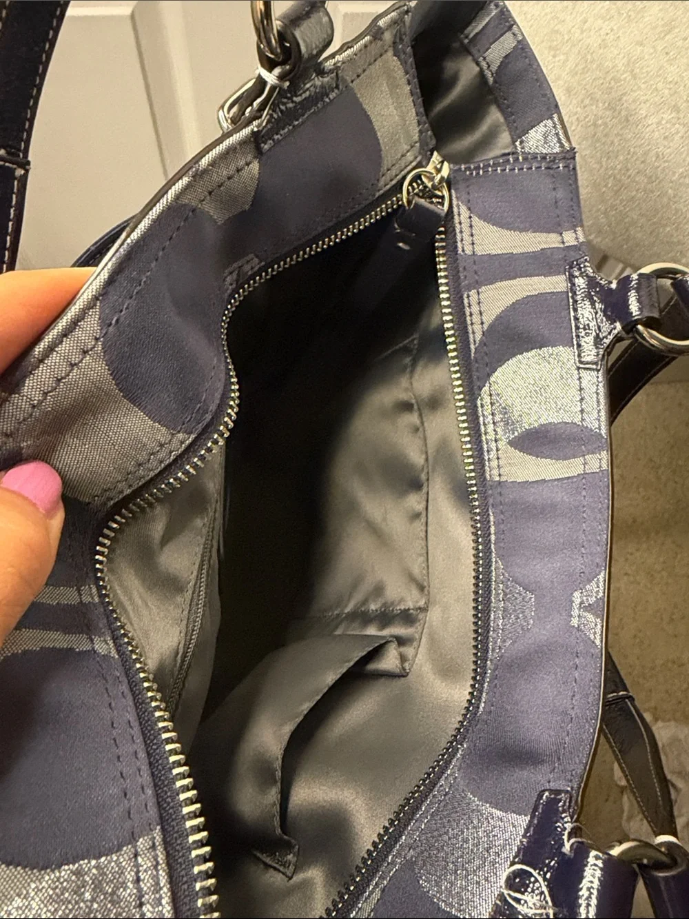 Coach Monogram Tote in Navy and Silver